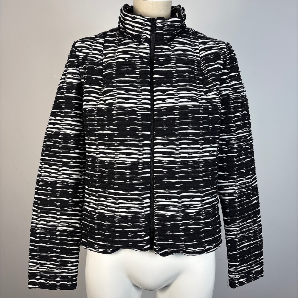 ❤️Trine Kruger Simonsen B/W Boucle Striped Cropped Zip Front Jacket Blazer 40